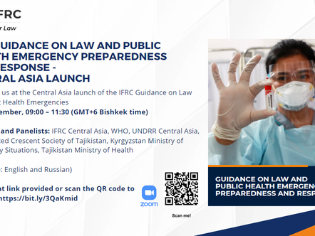 Invite to the Central Asia launch of the IFRC Guidance on Law and Public Health Emergencies. Image of front page of the publication is on the invite - it features a woman in a lab coat and mask holding up a tube.