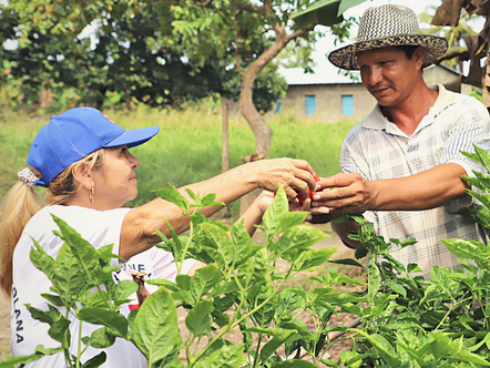 Venezuelan Red Cross member passes items to a community member. 