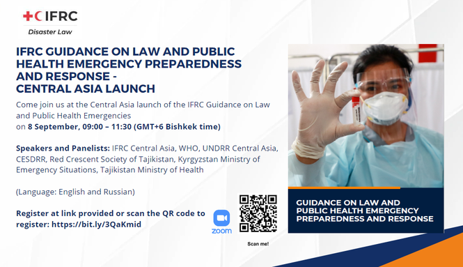 Invite to the Central Asia launch of the IFRC Guidance on Law and Public Health Emergencies. Image of front page of the publication is on the invite - it features a woman in a lab coat and mask holding up a tube. 
