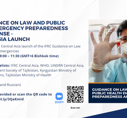 Invite to the Central Asia launch of the IFRC Guidance on Law and Public Health Emergencies. Image of front page of the publication is on the invite - it features a woman in a lab coat and mask holding up a tube. 