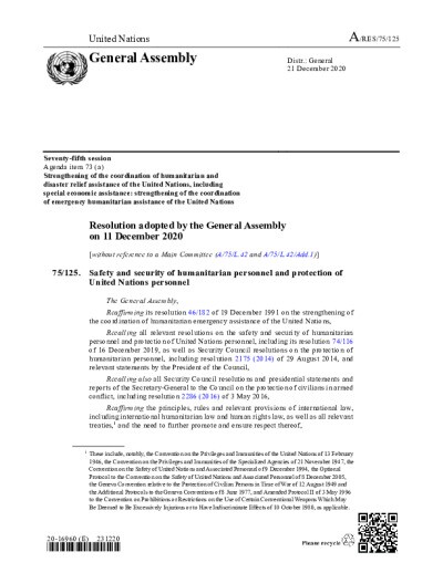 UN General Assembly Resolution, Safety And Security Of Humanitarian ...