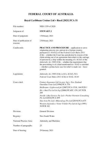 Royal Caribbean Cruises Ltd v Reed 2021 AUS.pdf